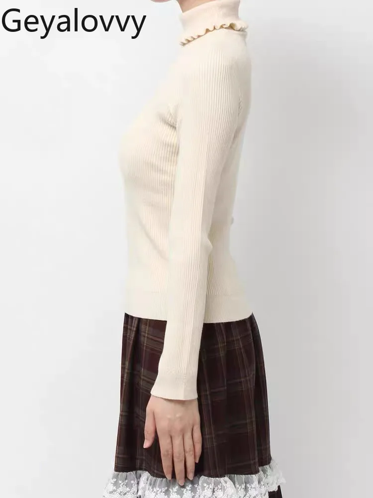 Pull polyvalent à Base de couleur unie pour filles, doux, polyvalent, mignon, bord à volants, haut tricoté fin, nouvelle collection automne hiver