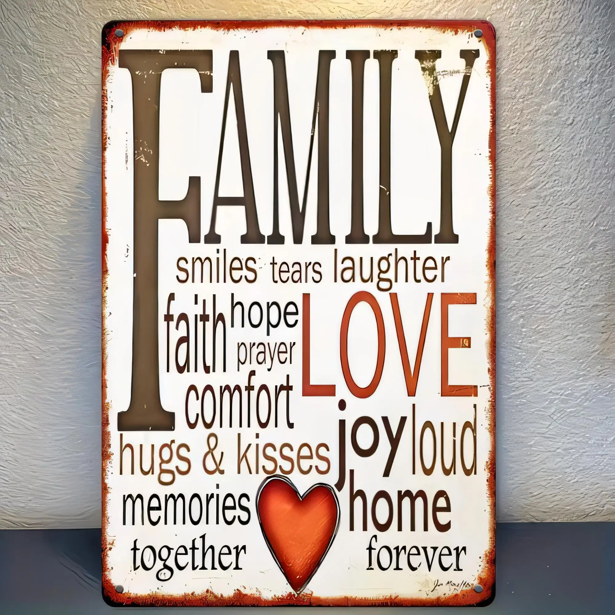 Tin Sign Family Love Word Art Metal Wall Decor Smiles Tears Laughter Faith Hope Comfort Hugs Kisses Memories Together Forever Vi