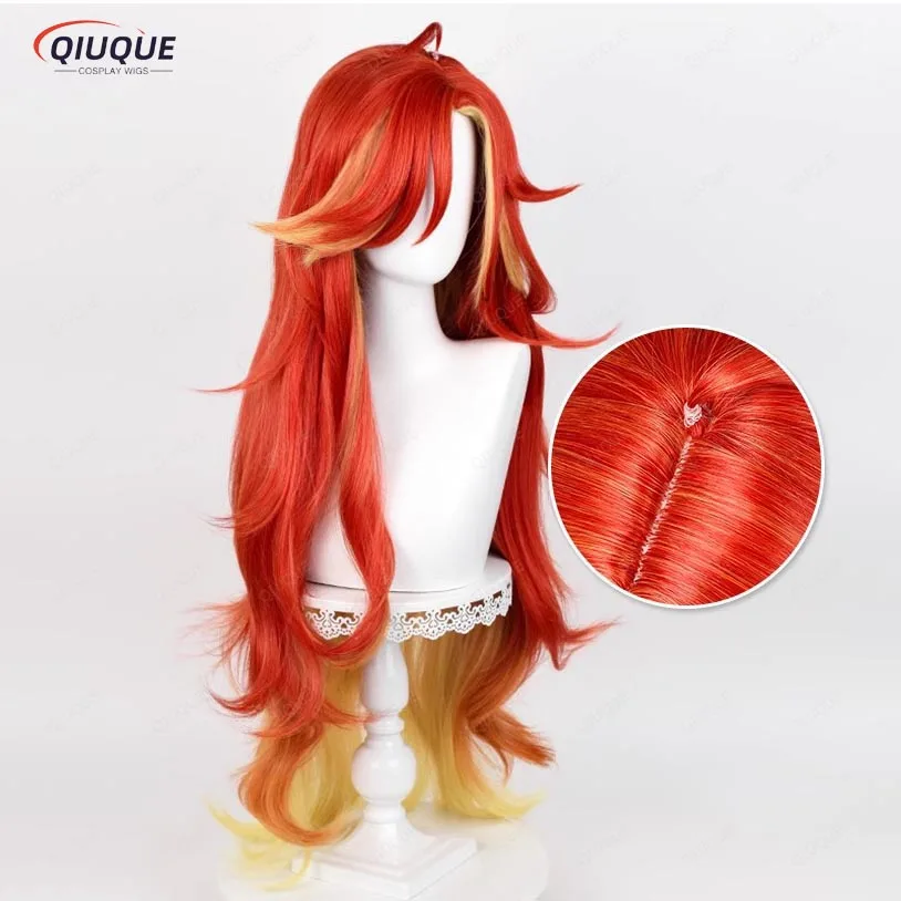 Mavuika Cosplay Wig Game Long Curly Wave Red Yellow Mixed Wig Heat Resistant Synthetic Hair Halloween Anime Wigs + Wig Cap