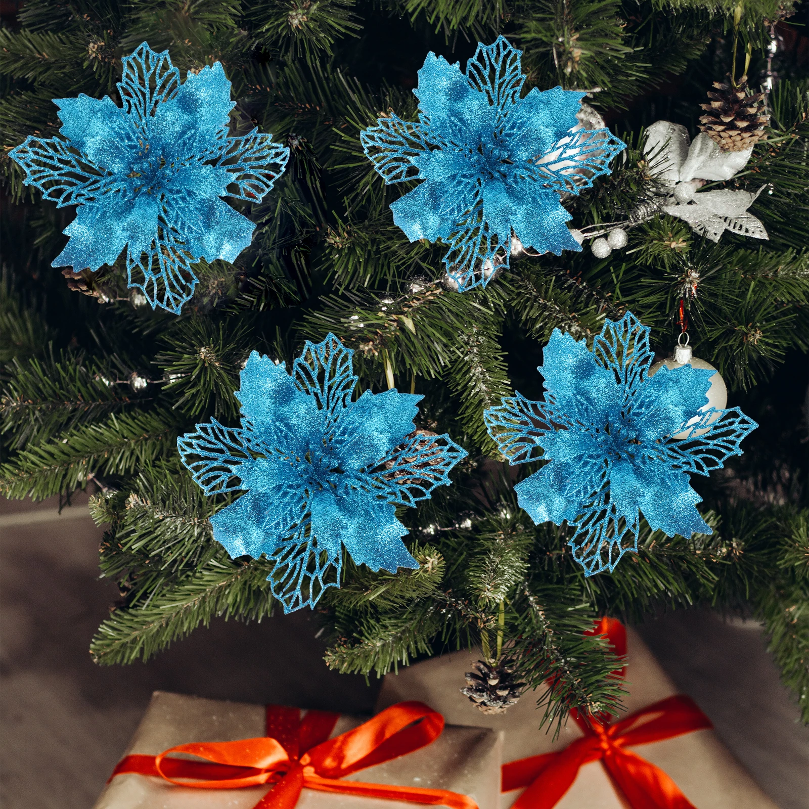 

12pcs Christmas Tree Garland Pendant Sparkling Glitter Poinsettia Flowers Simulated Artificial Xmas nament Indoor Outdoor Use