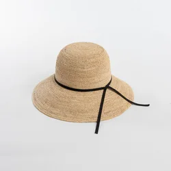 Fashion Handmade Raffia Straw Hat Fisherman Bucket Hat Summer Sun Protection Wide Brim Belt Decoration Minimalist Casual Hat