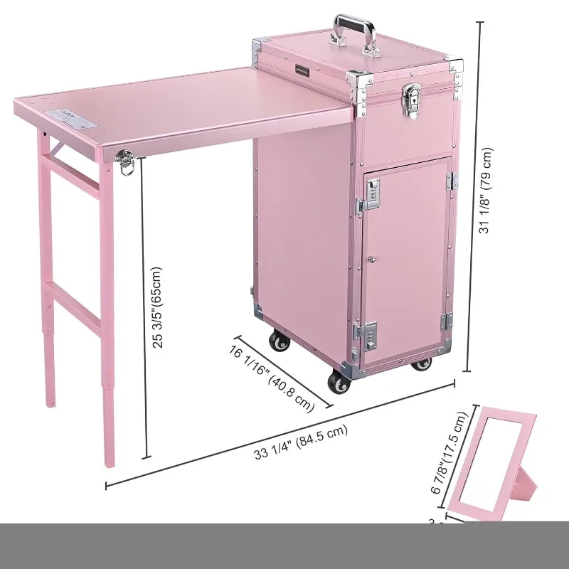 Rolling Manicure Table Portable Nail Table Foldable Nail Desk Travel Makeup Train Case Cosmetic Trolley Storage Organizer