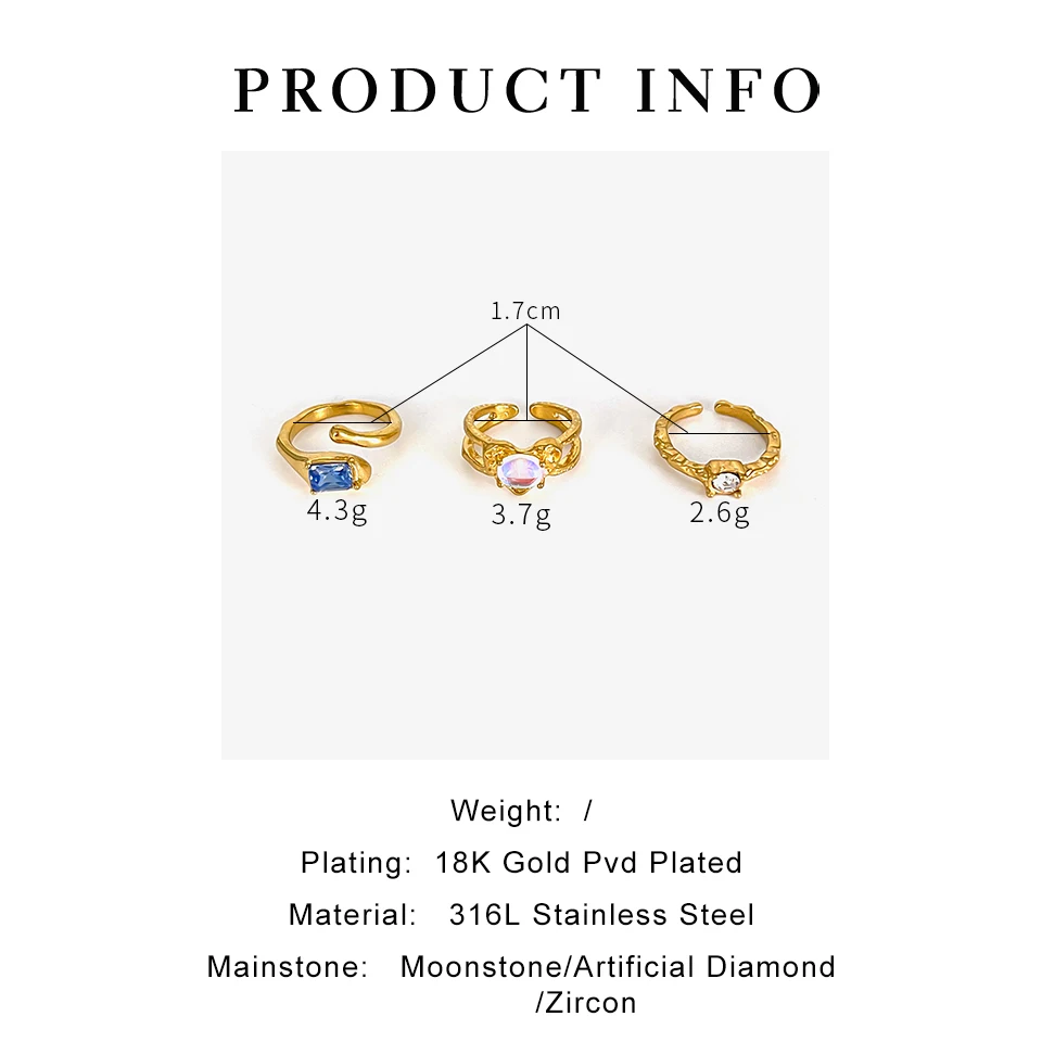 Peri\'sbox Vintage Elegant Gold Plated Geometric Moonstone Zircon Rhinestone Open Rings for Women Party Daily Jewelry Waterproof