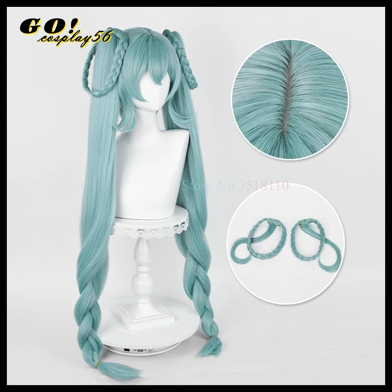 2023 Miku Flowers Cosplay Wig 95cm Long Braided Ponytails Mixed Green Hair Straight Pigtail Virtual Idol Vtuber Headwear