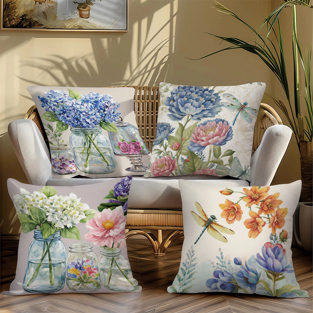 4pc Watercolor Floral Throw Pillow Covers Vintage Flower Dragonfly Decorative Pillow Cases for Sofa Bedroom Living Room