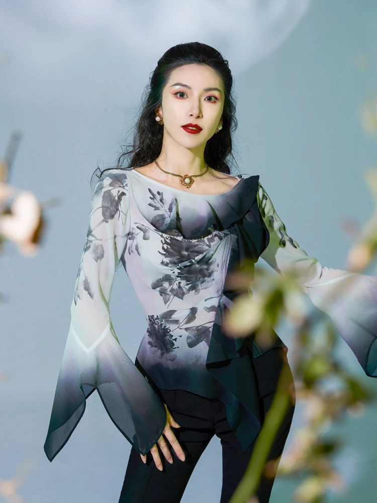 

Slim Fit Short Shirt with Pleated Bell Sleeves Lotus Leaf Print Design Asymmetrical Hemline by Xuan Ying Ji Spring 2023