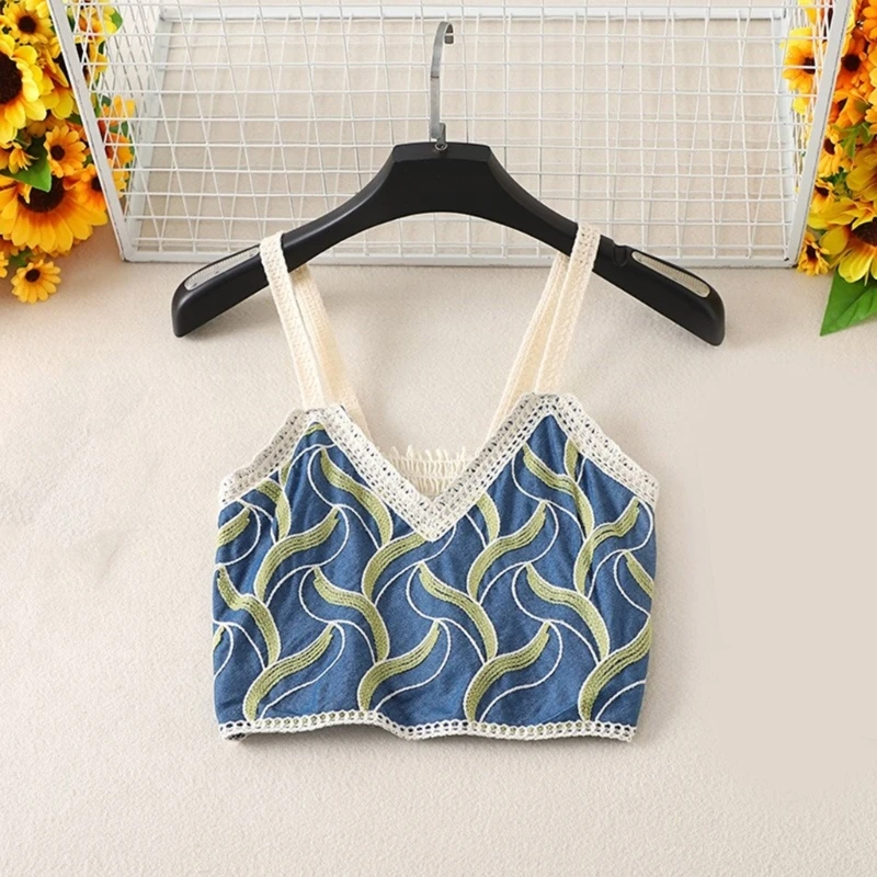 Women Shirred Back Summer Camisole Vests Crochet Embroidery Vintage Crop Top Dropship