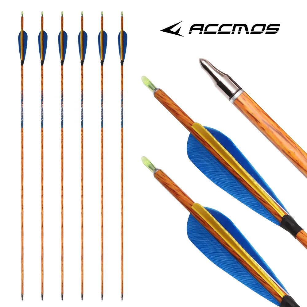 

ACCMOS 12pcs ID6.2mm wood skin carbon arrow 4inch turkey feathers Arrowhead 100grain Spine 300/700 bow archery shooting hunting