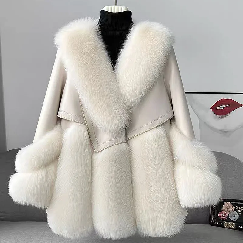 New fashion real fox fur coat and 100% real sheepskin made for fur one-body fur jacket lined with down fur for women fur coat