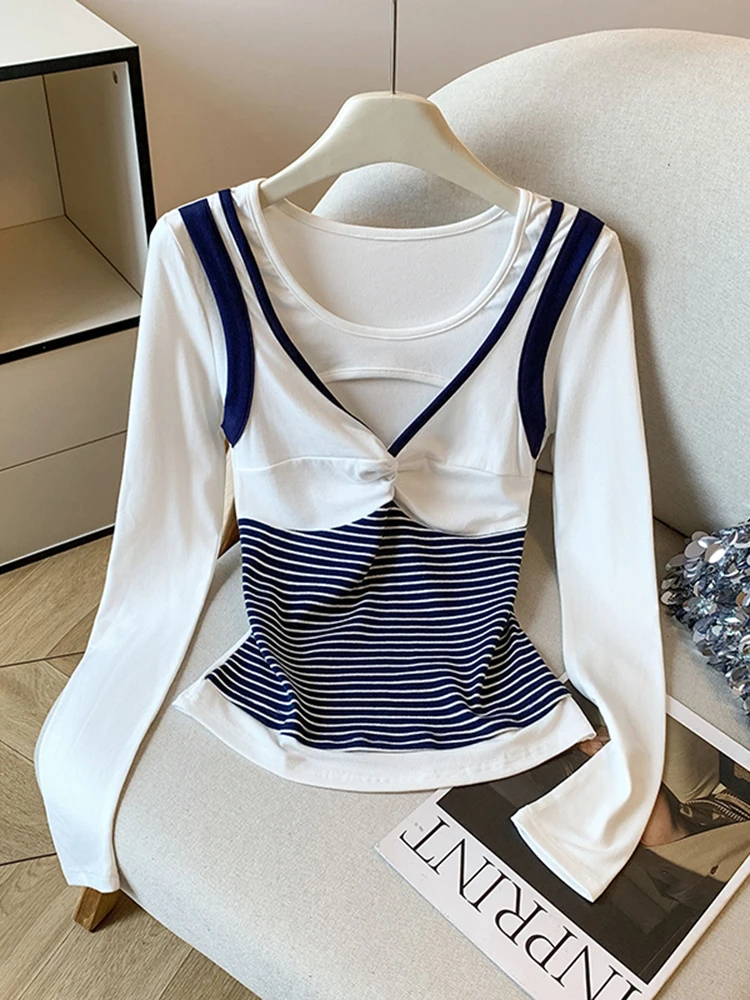 

Женская футболка с длинным рукавом в полоску, лоскутная, универсальная, для многослойных образов, весна 2026, новая модель, универсальный крой Cleanfit