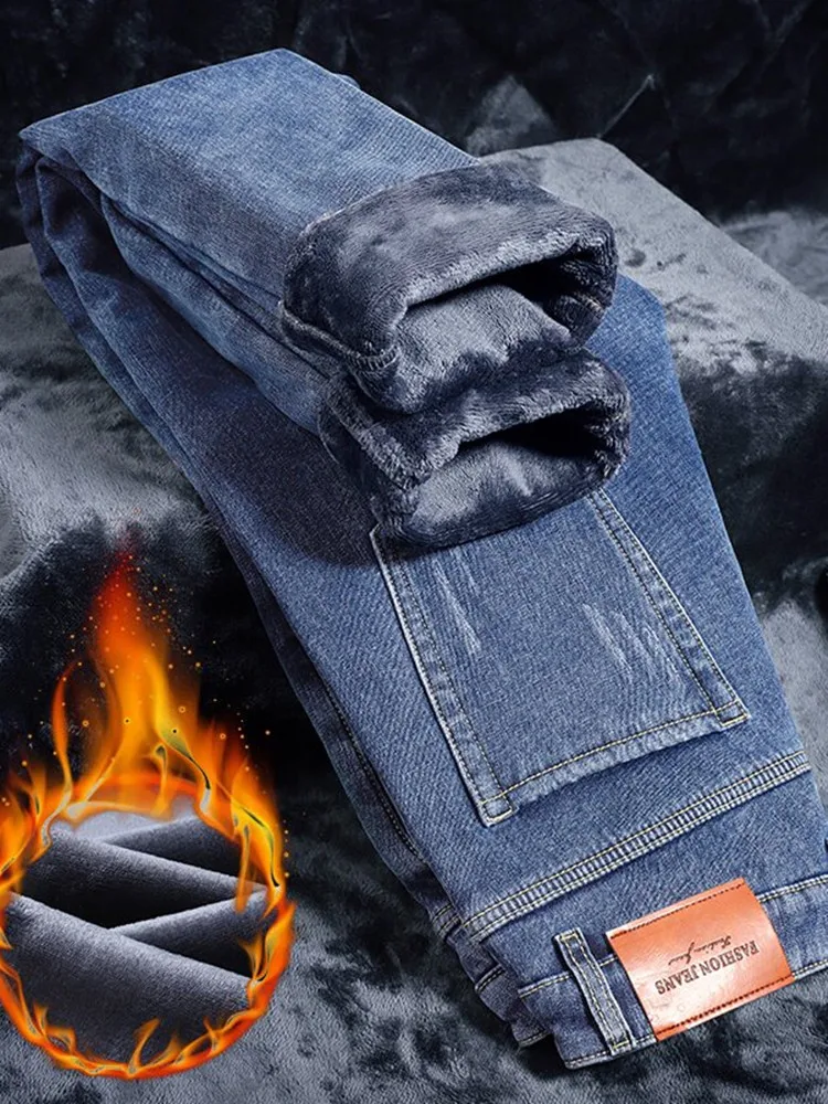 Celana Jeans Pria Berkualitas Tinggi, Model Lurus, Elastis, Warna Solid Modis Musim Dingin, Berbahan Fleece Tebal dan Hangat, Cocok untuk Olahraga Kasual