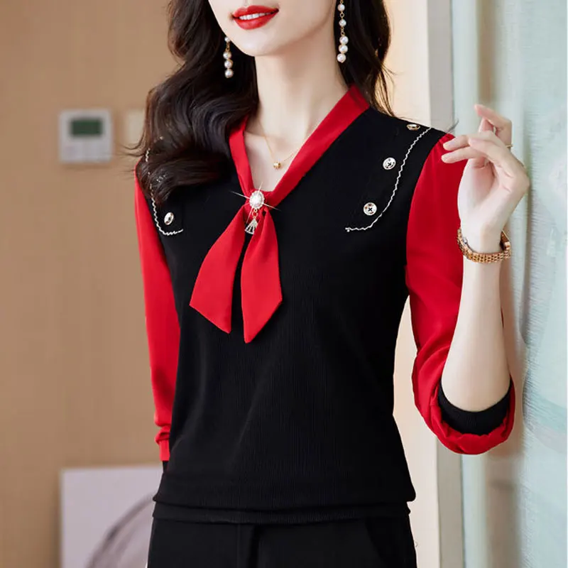 Stylish V-Neck Bow Slim Shirt Female Clothing Contrasting Colors Patchwork 2024 Spring Autumn Button Commute Long Sleeve Blouse