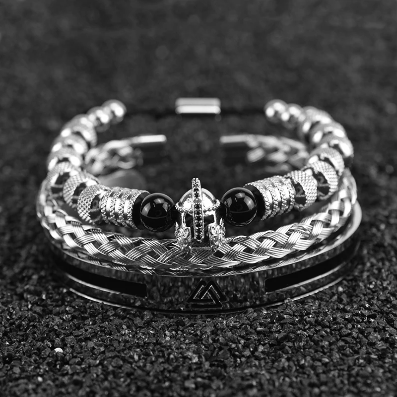 Ensemble de bracelets de casque de luxe pour hommes, bracelet en émail, bracelet de manchette en acier inoxydable avec logo viking, style gentleman, bijoux Pulseras