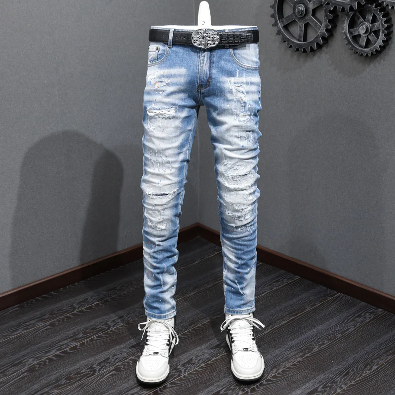 

Street Fashion Men Jeans Retro Light Blue Elastic Stretch Skinny Ripped Jeans Men Painted Designer Hip Hop Denim Pants Hombre