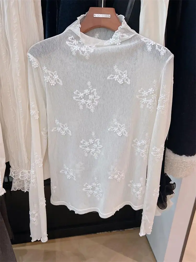 

Women's Textured Knitwear f High Collar Embroidered Base irt Winter Inner Wear Straight Cut Long Sve Commute Sle