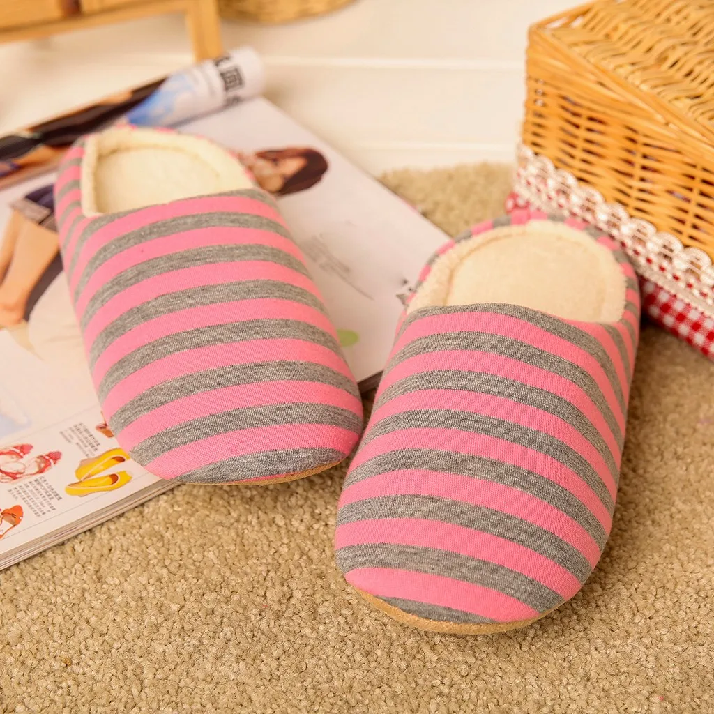 Women House Shoes 2023 Soft Striped Indoor Mute Cotton Slippers Non-Slip Slippers Warm Plush Unisex Comfort Home Floor Slipper