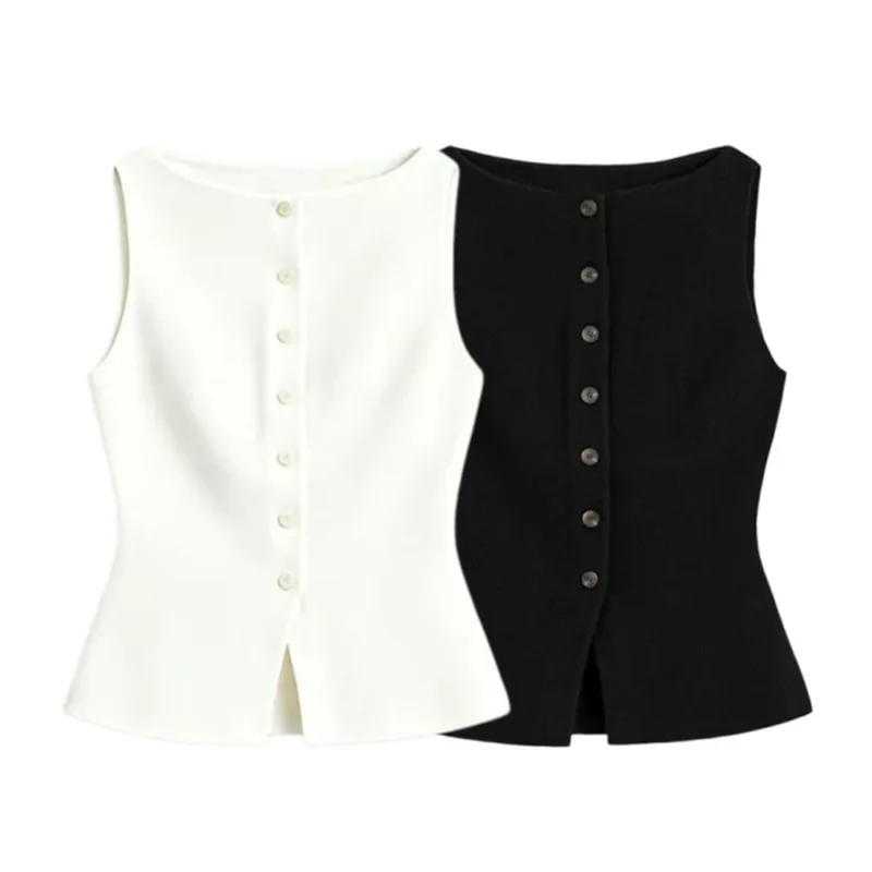 

Withered Standard Round Neck Vintage Style Knitted Vest T-shirt Woman Clothes Female Clothing