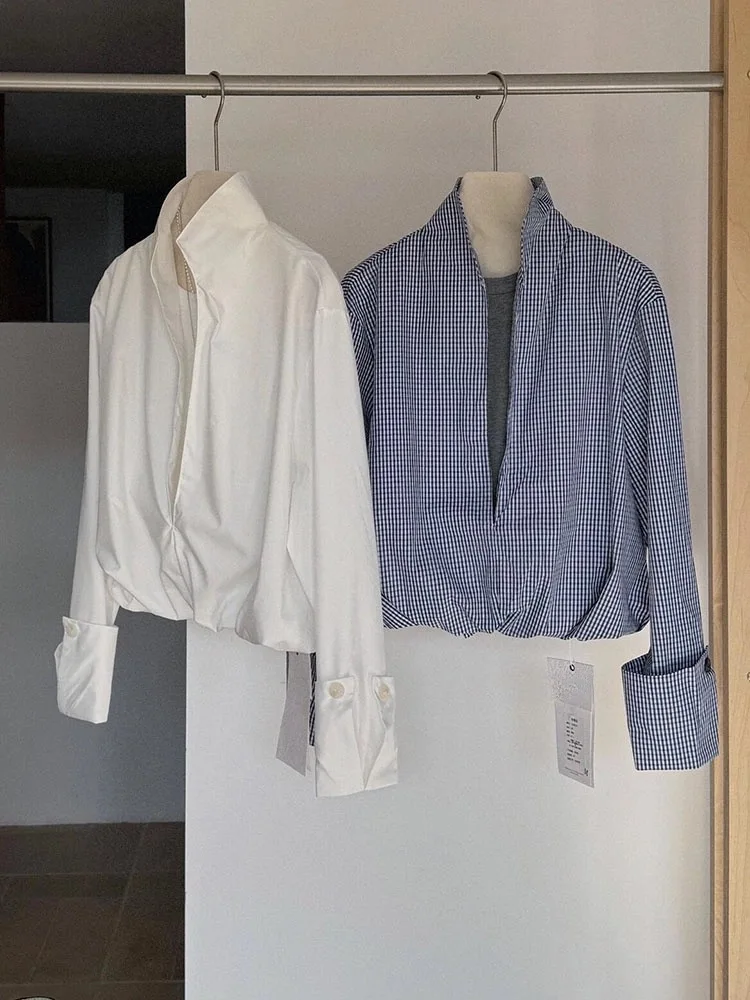 Faionable Retro Plaid Deep V-ne irt Damen Early Spring Layering Fake Zweiteiler irt Korean Sle Straight Cut Long S...