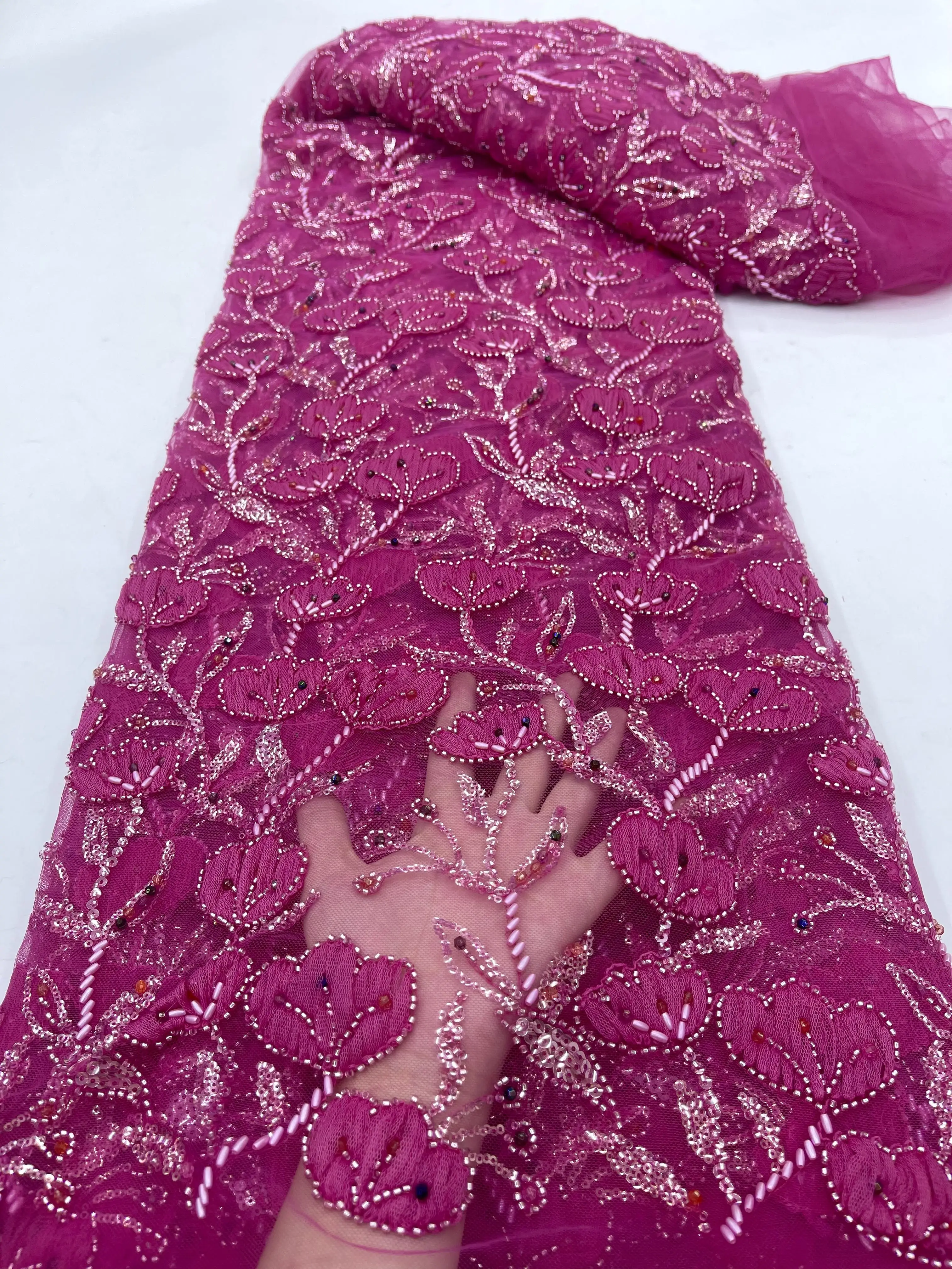 

High -End Luxury French Mesh Beaded Lace Fabric 2024 High Quality African Sequins Groom Lace Fabrics For Nigerian Wedding Dress