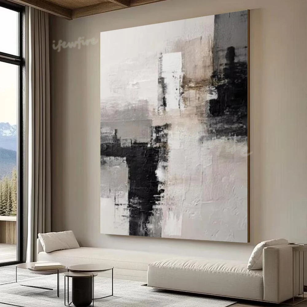 Pop Modern Thick Abstract Oil Painting Handmade Black Gray Wall Mural Top Art Picture for Living Room Decor  Arts Fashion Image