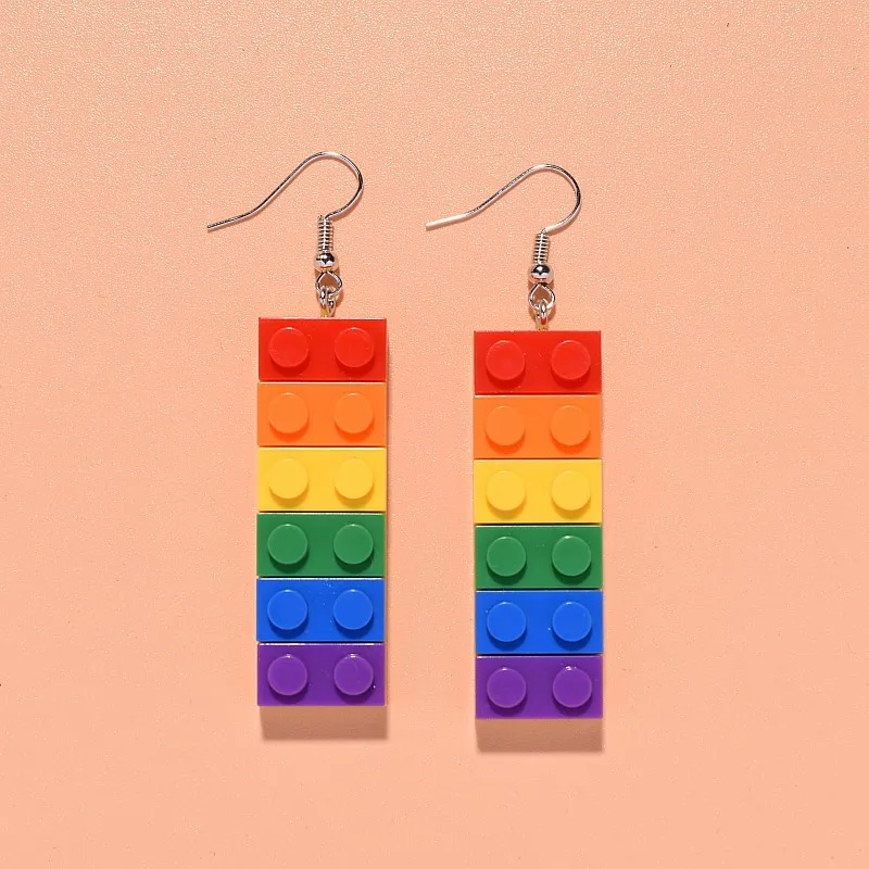 Cross Border Fashion Fun Popular Rainbow Building Block Earrings Minimalist Personalized Womens Streetwear Dangle Jewelry