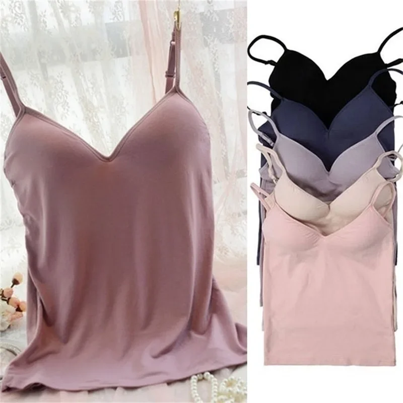 Sexy Women Solid Padded Bra Spaghetti Camisole Top Women Vest Female Camisole with Built in Bra Cami Top Vest Padded Tank Tops