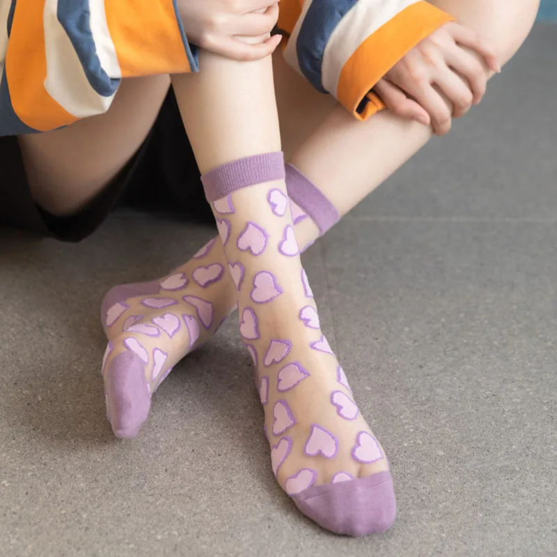 Summer Woman Socks Japanese Style Sweet Crytal Glass Silk Socks Heart Print Ultra-thin Transparent Girls Kawaii Cute Long Socks