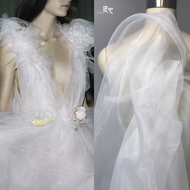 

White Base High Density Organza Lining Mesh Fashion Outer Yarn One-Piece Dress Wedding Dress Designer Fabric