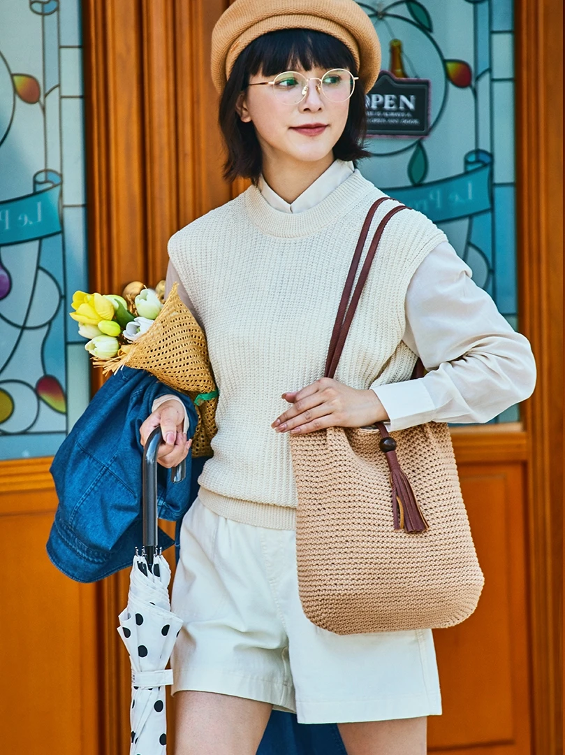 일본 면화와 린넨 양동이 가방 손으로 crocheted 예술 작은 신선한 숲 휴일 여성 가방 짠 어깨 가방