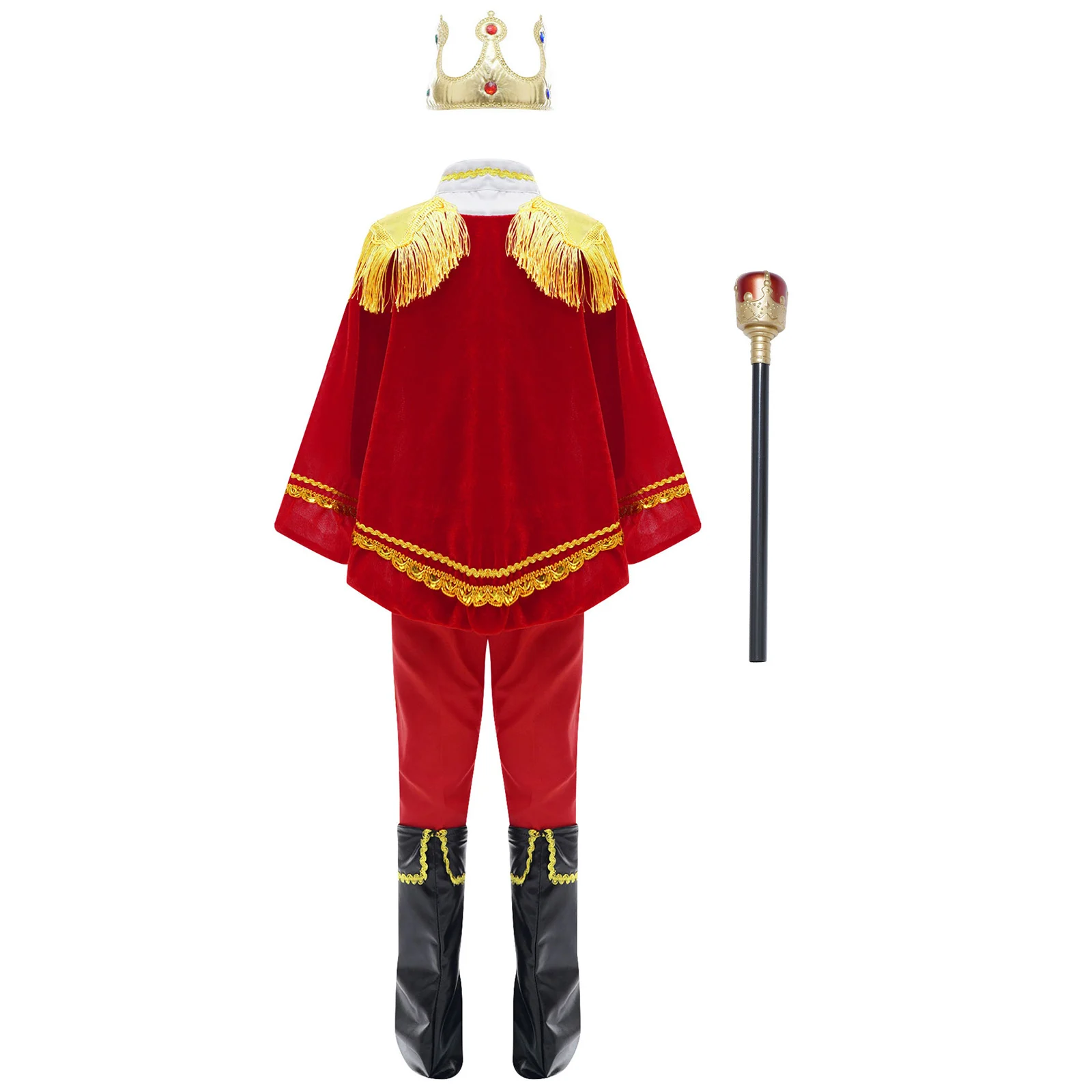 Boys Medieval King Cosplay Costume Royal King Prince Roleplay Outfit Tops with Pants Belt Cape Headband Truncheon Socks Set