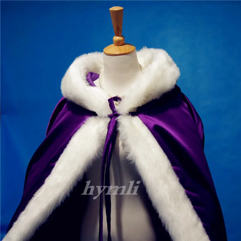 High Quality Purple Bridal Cloak Winter Hooded Faux Fur Trim Satin Wedding Cape Shawl Cape Mantles Manto