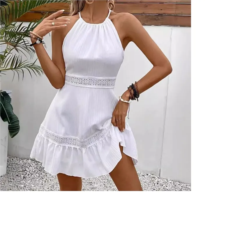 White Elegant Women's Neck Hanging Dress Short Fashion Solid Color Lace Hollow Splicing A-line Hanging Back Mini Dress New Item