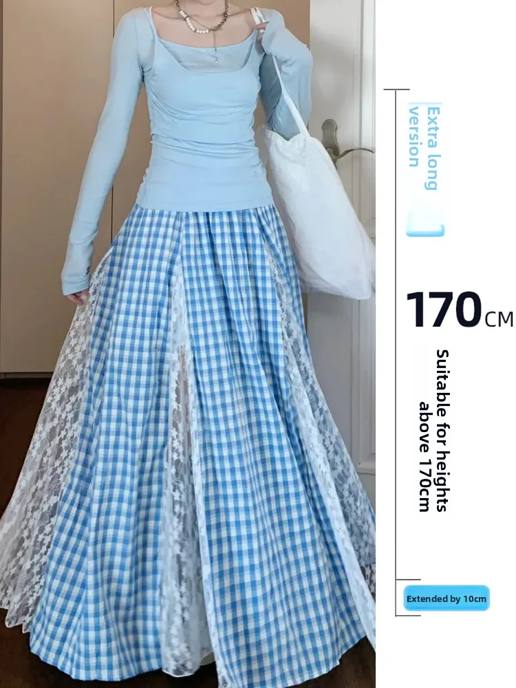 

Юбка в клетку с высокой талией для женщин, свободного кроя, А-силуэт, сине-белая, летняя, с широким подолом