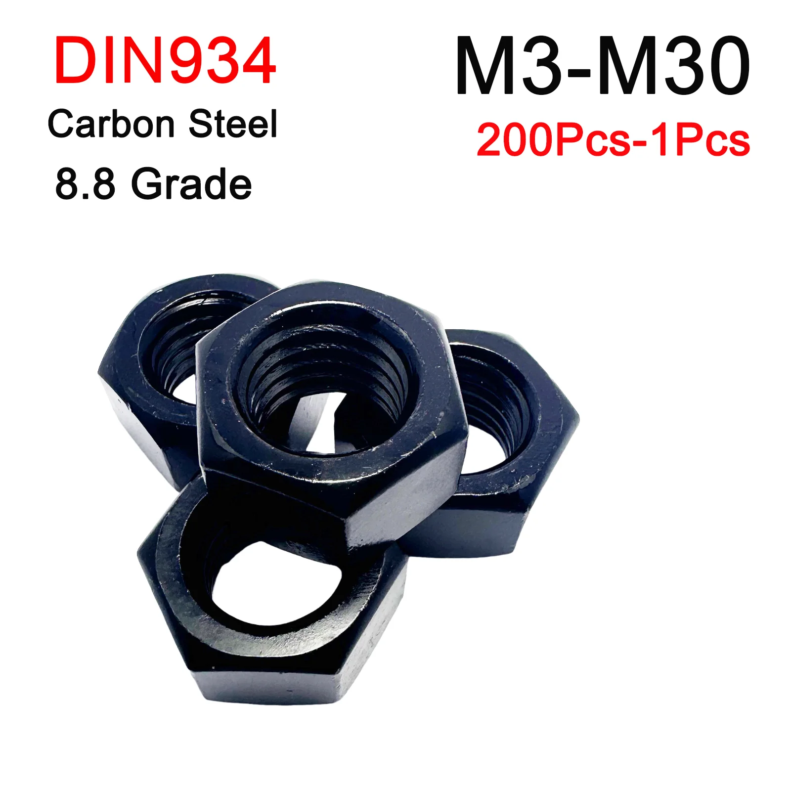 

1-200Pcs Grade 8.8 Black Hex Nut Hexagon Nut Metric Thread DIN934 GB6170 Carbon Steel M3 M4 M5 M6 M8 M10 M12 M16 M24 M27 M30