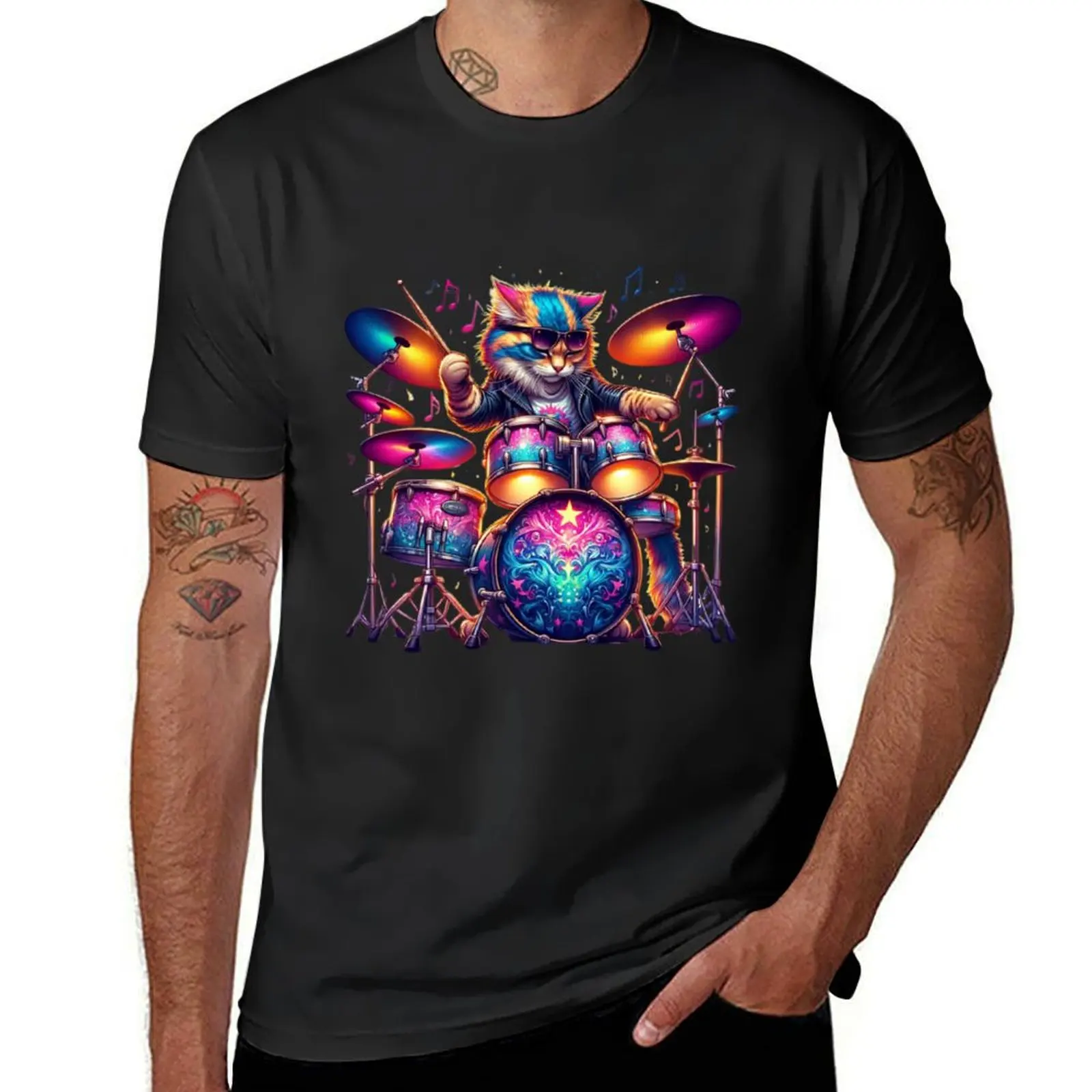 Rhythmic Purr-fection: The Drumming Cat T-Shirt plus size tops anime clothes plus sizes vintage clothes black t shirts for men