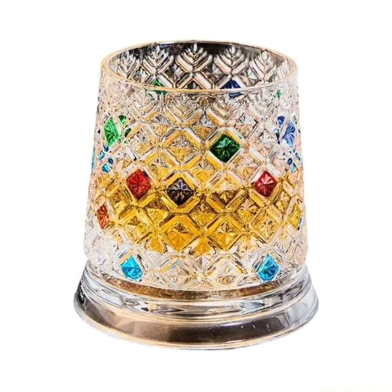 QX2E Hand Painted Rotating Whiskeys Glasses With 360 Degree Swivels Base And Carbites Cut Star Designs For Bourbons Cocktails