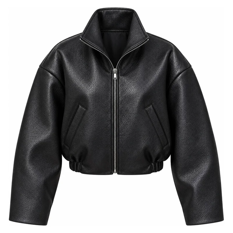 Women's Black Leather Look Cropped Bomber Jacket Zip Up Turn Down Collar Loose Fit Long Sleeve Autumn Outerwear