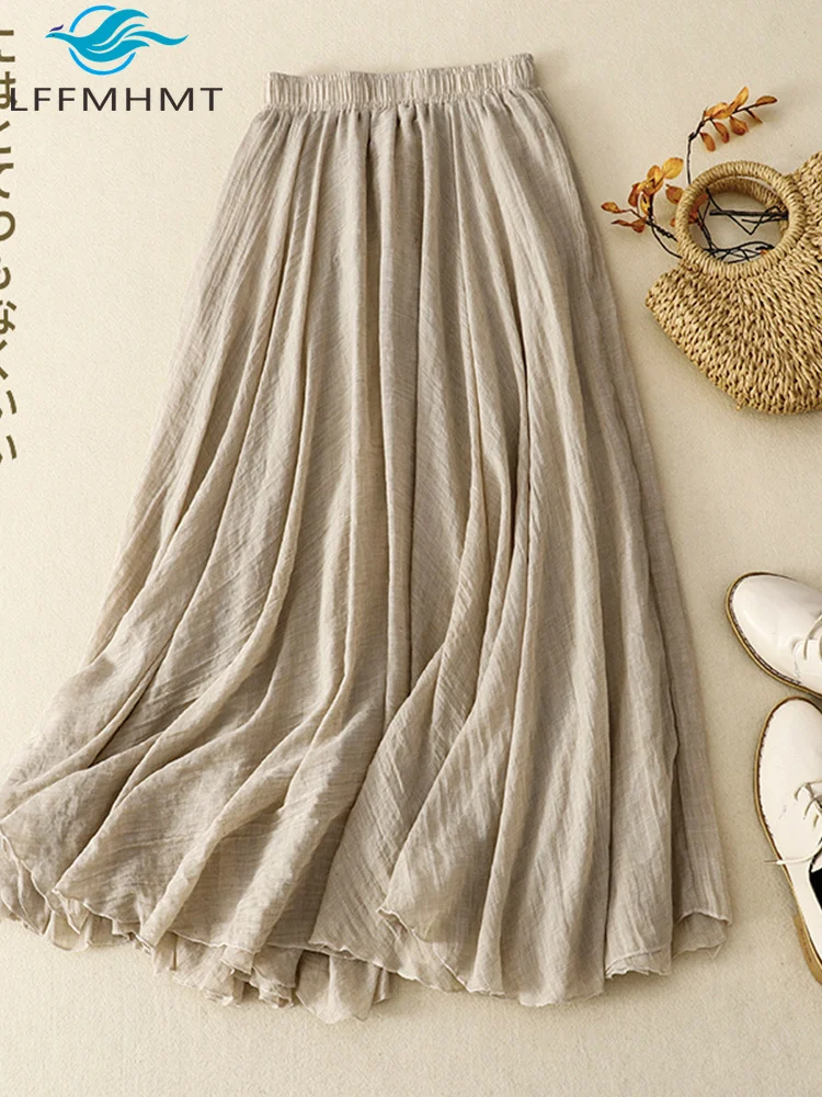Japan Style Double Layer Ramie Skirt for Women Summer Fashion Elastic Waist Solid Color Loose Casual A-line Vintage Frock Female