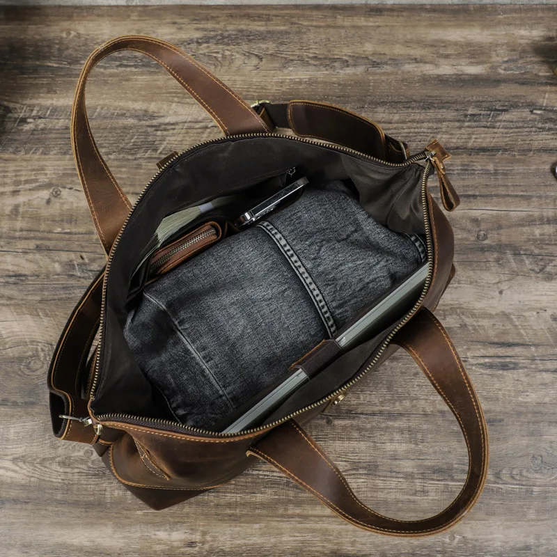 New Fashionable British Style Crazy Horse Large Capacity Buckle Leisure Sports Fitness Men Genuine Leather Travel Bag Briefcase