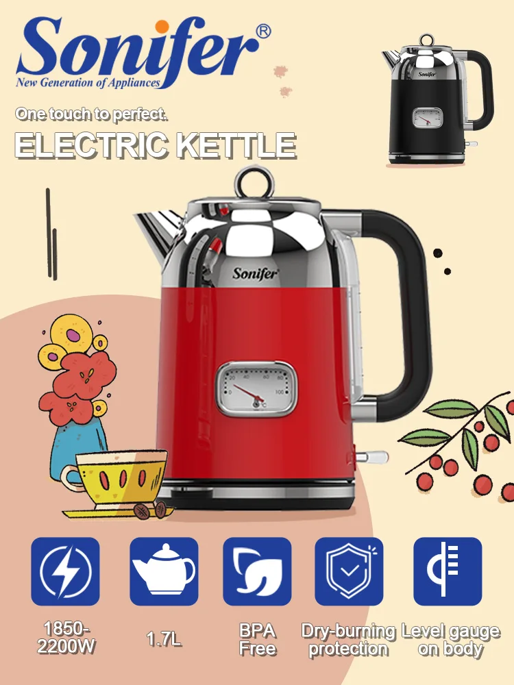 Sonifer SET1-03 Retro Electric Kettle 1.7L 2200W 304 Stainless Steel Water Boiler with Temperature Display Visual Thermometer