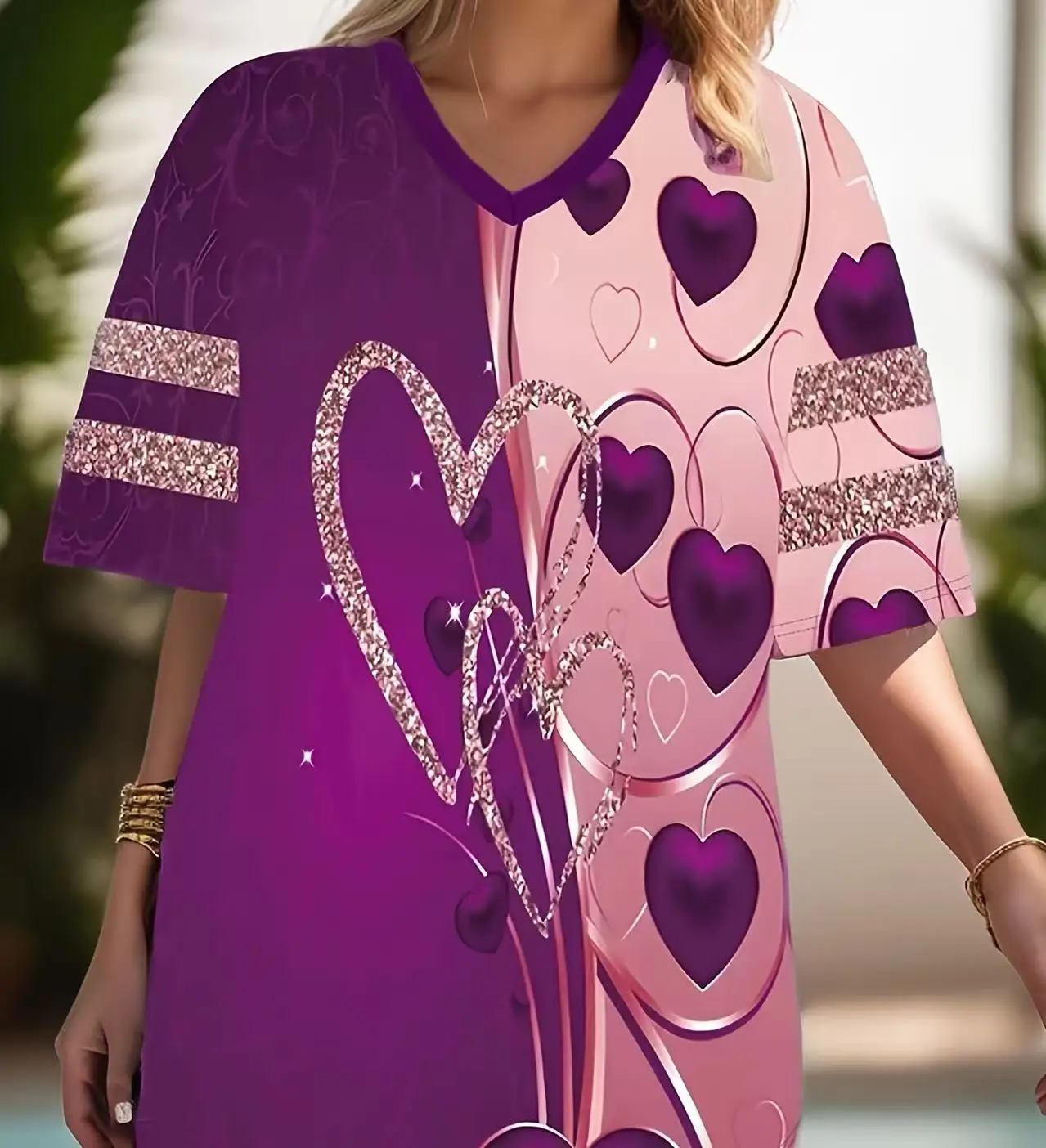تي شيرت بطبعة قلب مقاس كبير، تي شيرت كاجوال للربيع والصيف برقبة على شكل حرف V وأكمام قصيرة، ملابس بمقاسات كبيرة #3