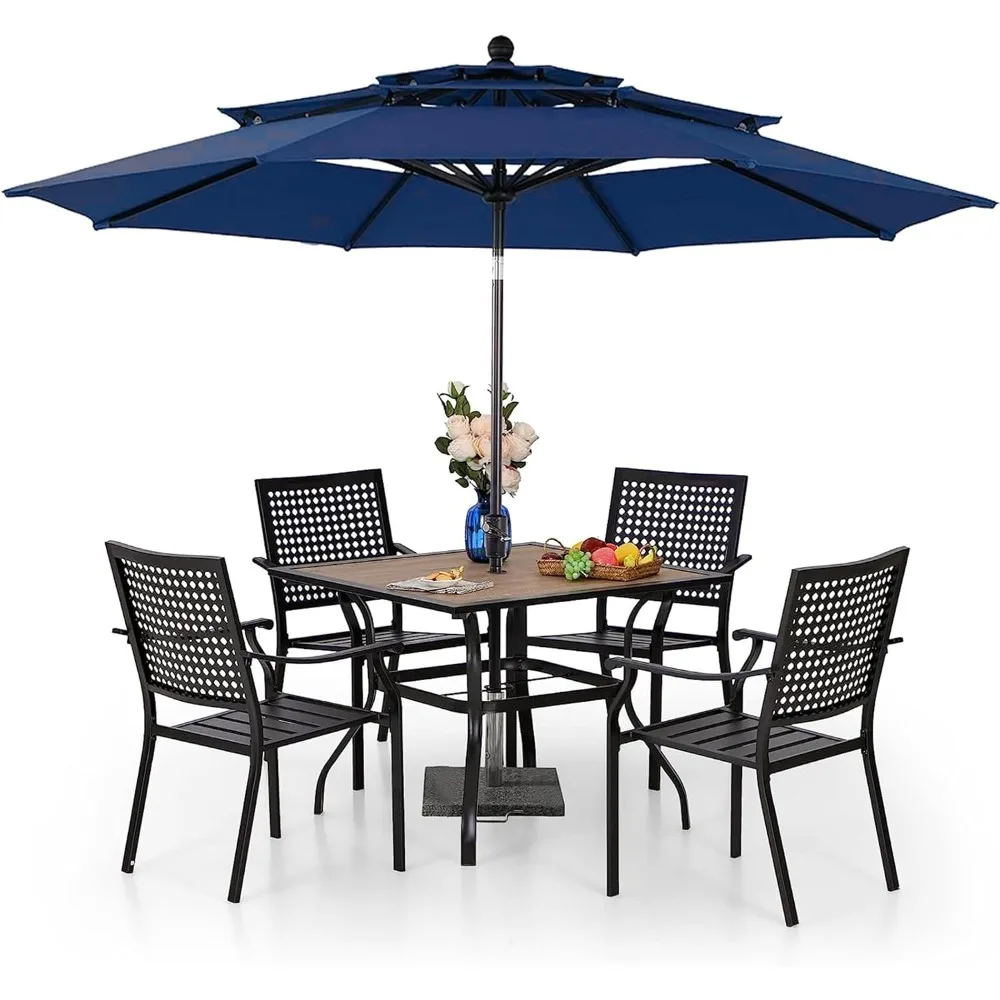 

5 Pieces Patio Dining Set for 4 with 10ft Patio Umbrella, Metal Outdoor Stackable Wrought Iron Chair Set of 4 & 37" Metal Wood-