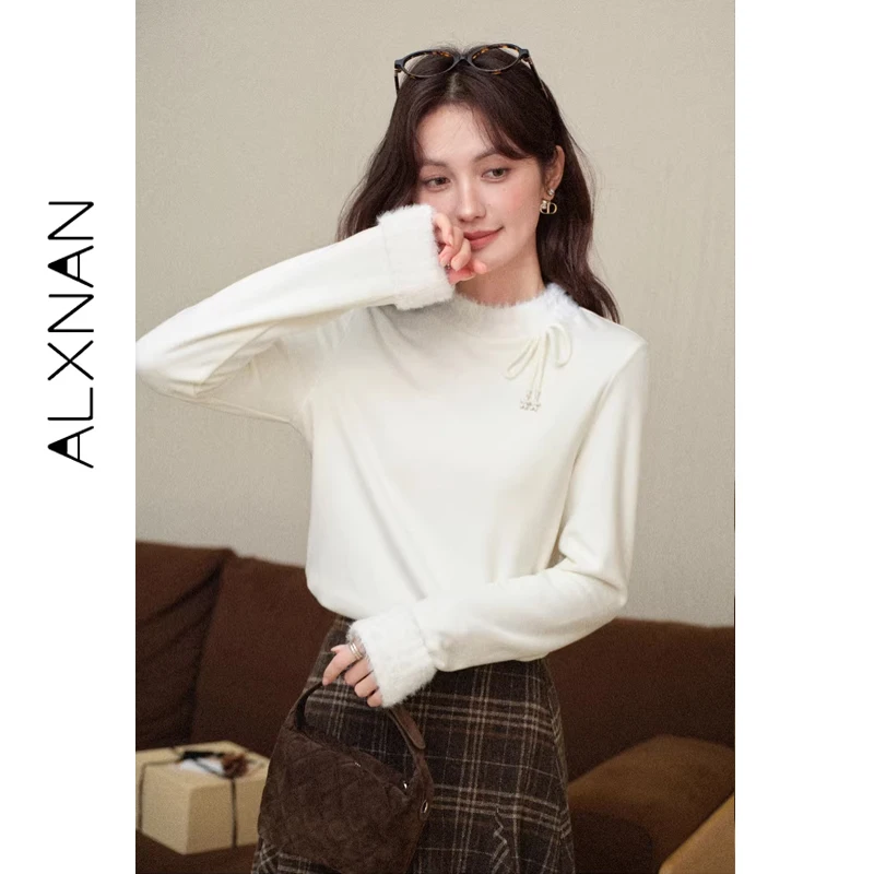 

ALXNAN абрикосовый пуловер с длинными рукавами, водолазка с флисовой отделкой, базовая многослойная футболка с галстуком-бабочкой, теплый топ на осень L603100