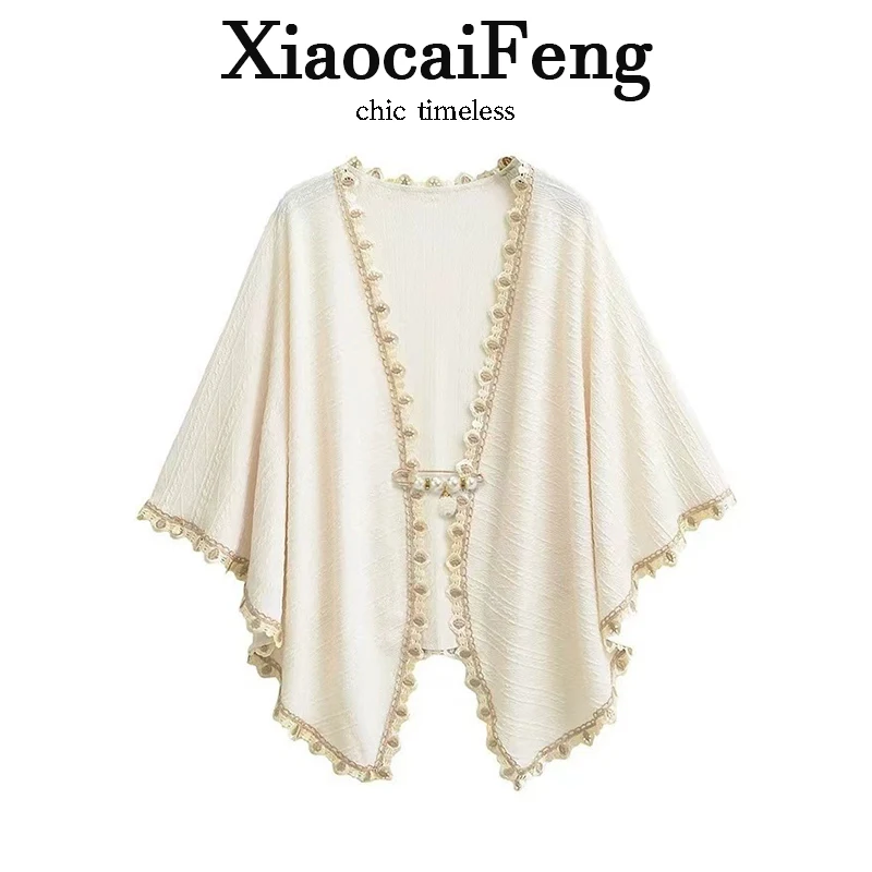 

Элегантная накидка-шаль с кружевной отделкой для женщин, винтажный женственный стиль, верхняя одежда, новый китайский национальный тренд