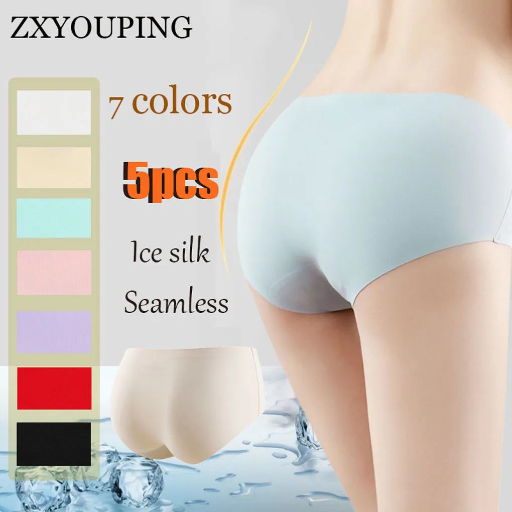 

5pcs Ice Silk Seamless Panty Plus Size Sexy Ultra Thin Candy Color Soft Close Fitting Mid Waist Underwear