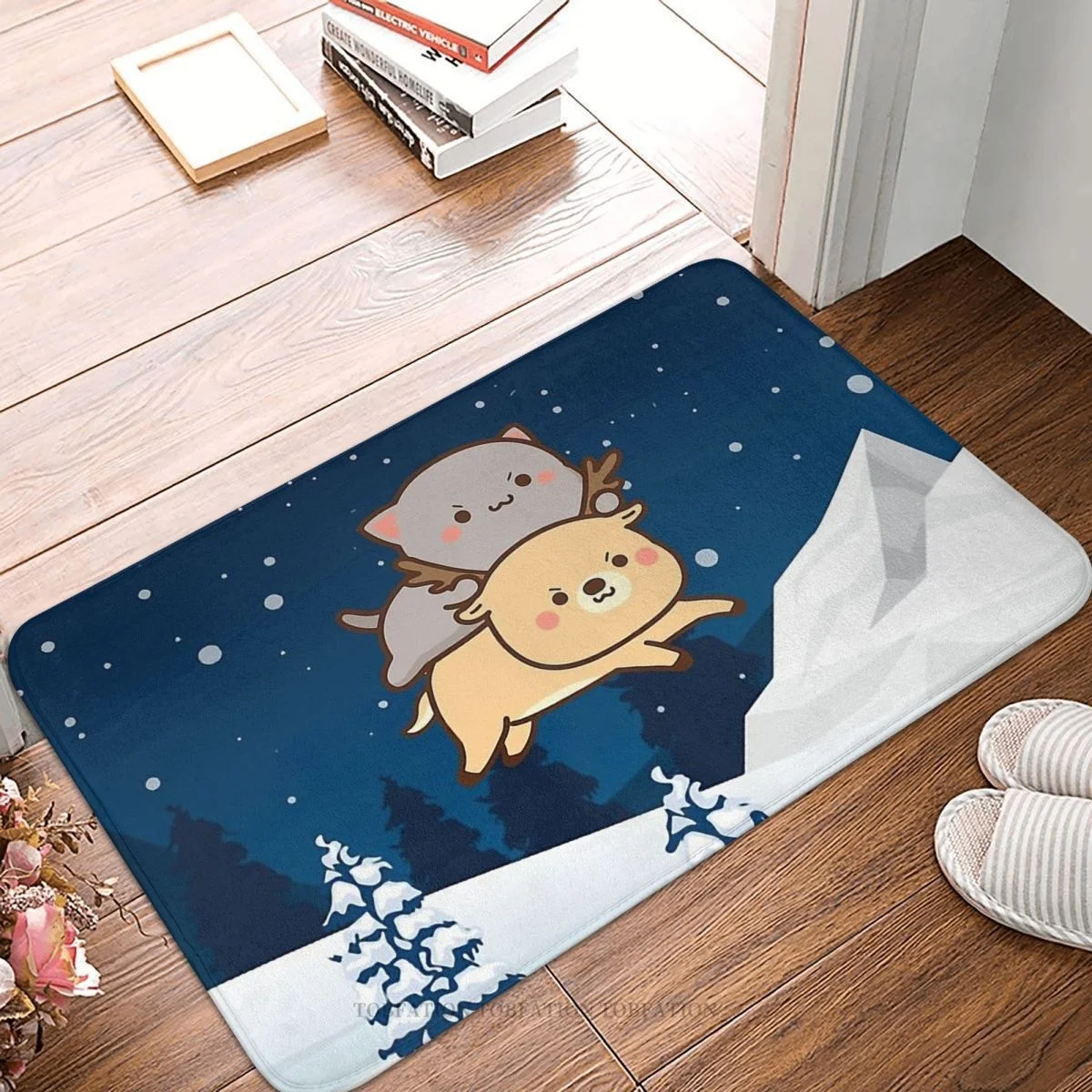 

Peach Cat Non-slip Doormat Goma Riding A Reindeer Mochi Bath Bedroom Mat Welcome Carpet Home Pattern Decor