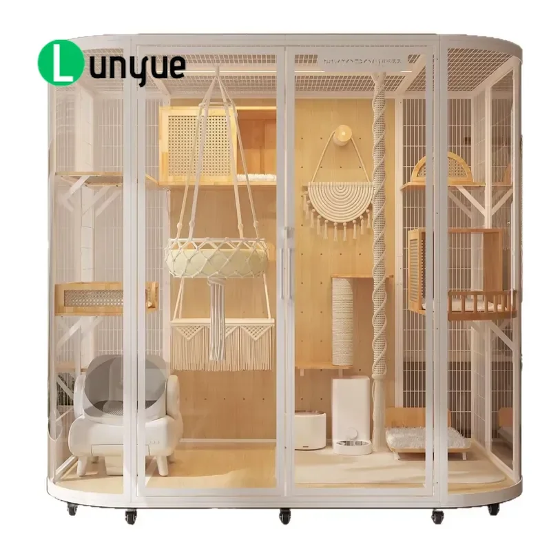 White Square Panoramic Cat Villa Eco Friendly Adjustable Glass Iron Frame with Push Up Wheels Solid Rubber DIY Pegboard
