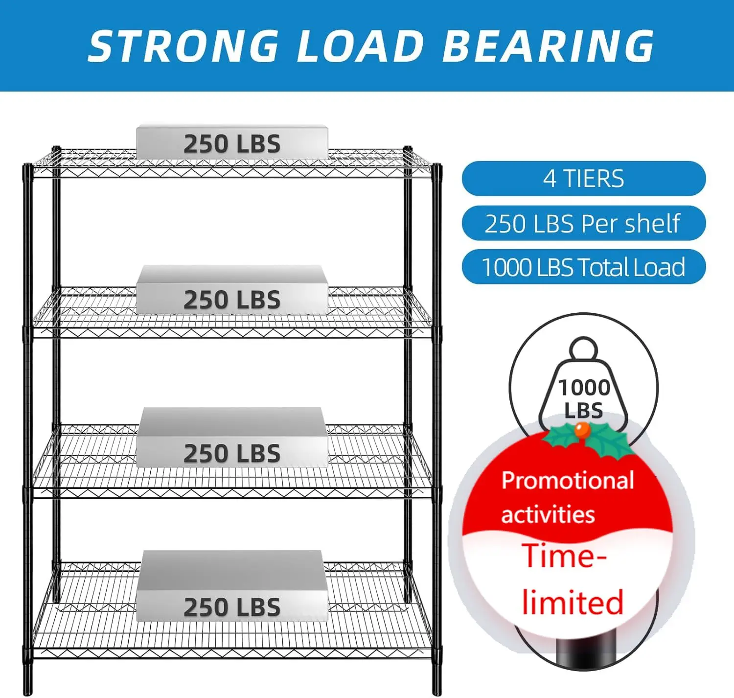 

Guan River 4-Shelf Adjustable Metal Shelf Wire Shelving Unit Heavy Duty Storage Rack Display Shelf for Office,Kitchen,Bedroom,Ba
