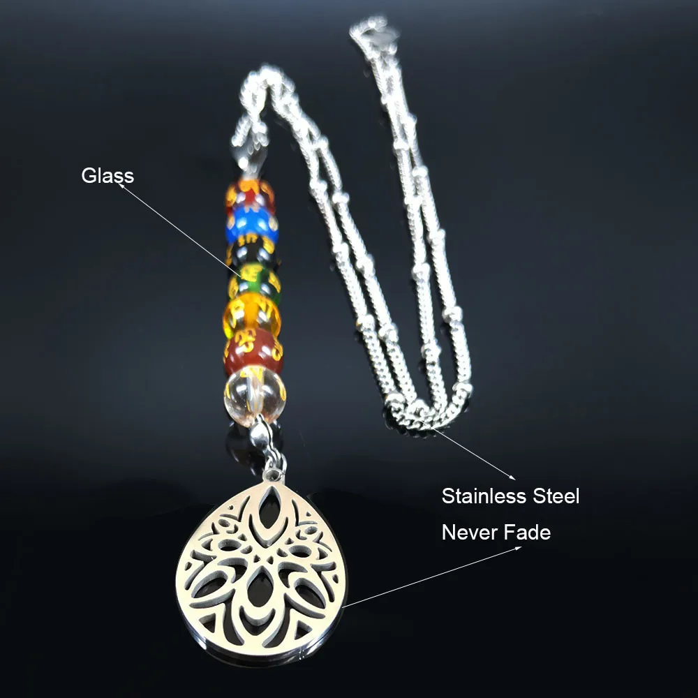 Yoga 7 Chakra Reiki Healing Spiritual Necklace Stainless Steel Lotus Flower of Life Necklace Buddhist Jewelry joyas N3419S07