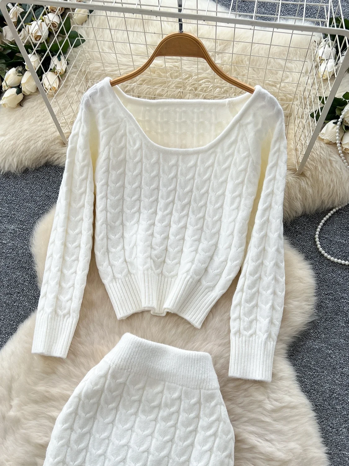 Fall Faion Damen-Set mit hoher Taille, schmale Passform, S Sve Long Sve, rundes Ne-Strick- und Rock-Set, Twist-Design, bequem